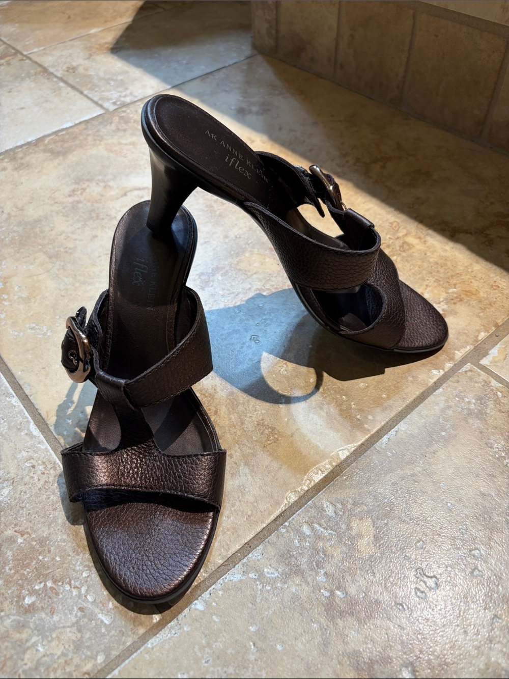 Anne Klein Dark Brown Leather Buckle Heeled Sandals